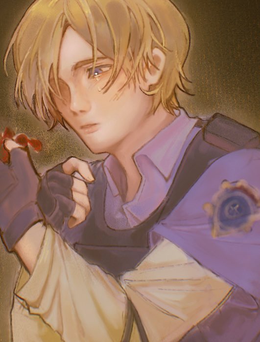 1boy, black_gloves, black_vest, blonde_hair, blue_eyes, blue_shirt, fingerless_gloves, gloves