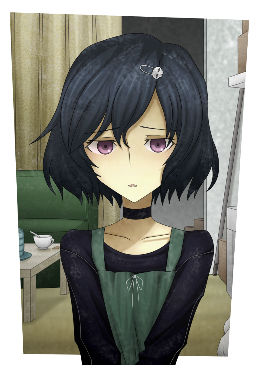 1boy, apron, black_choker, black_hair, black_shirt, border, chest_ribbon, choker