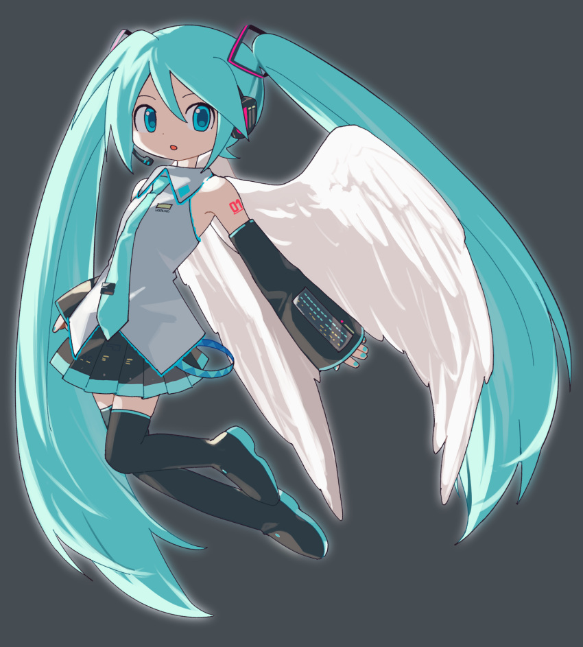 1girl, aqua_hair, aqua_necktie, black_boots, black_skirt, black_sleeves, boots, commentary_request