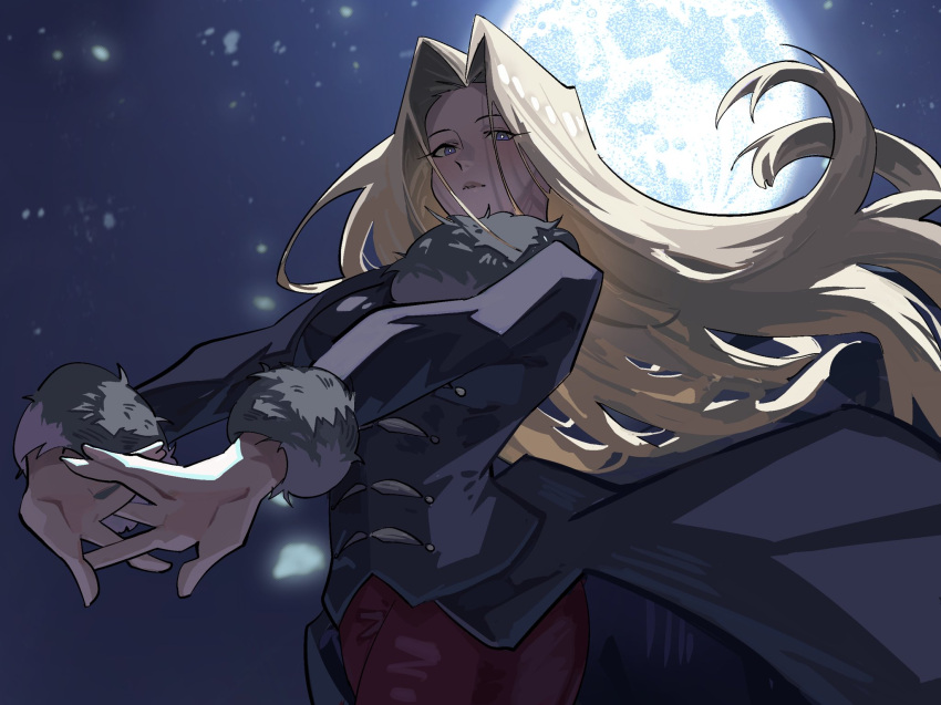 1girl, blonde_hair, coat, commentary, curtained_hair, fur-trimmed_coat, fur-trimmed_collar, fur_trim