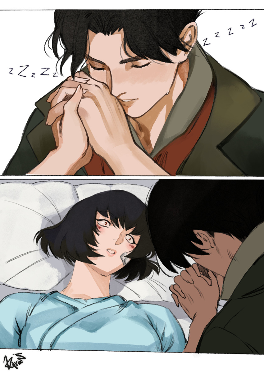 1girl, 1other, absurdres, androgynous, artist_name, bandaid, bandaid_on_face, bed