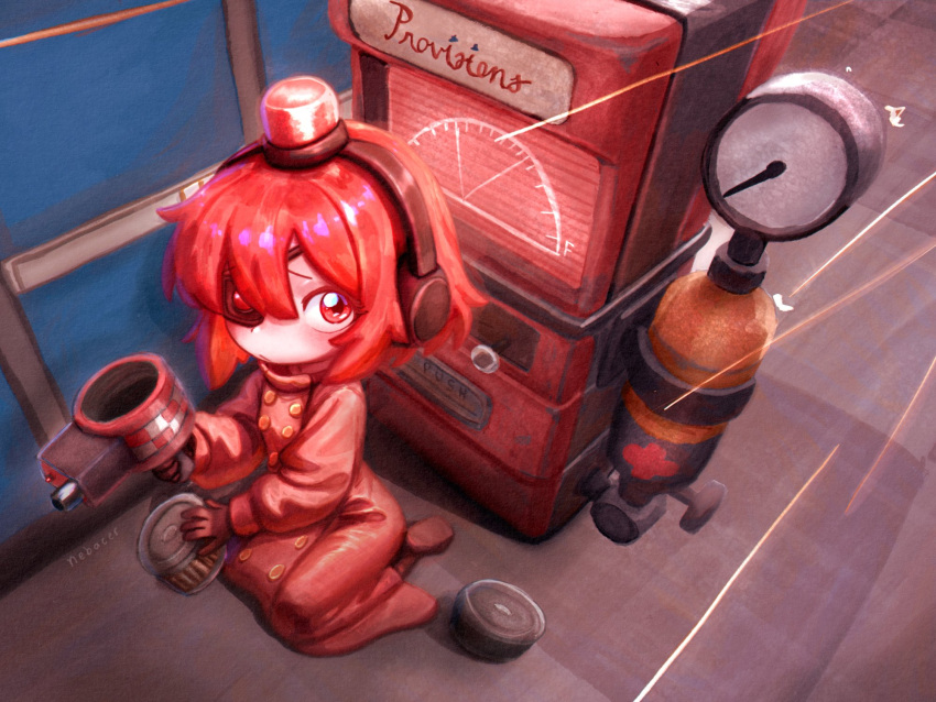 1girl, artist_name, closed_mouth, commentary, dispenser_(tf2), english_commentary, eyepatch, headphones, highres, long_sleeves, looking_at_viewer, nebacer, personification, red_eyes, red_hair, seiza, sentry, short_hair, sitting, solo, team_fortress_2