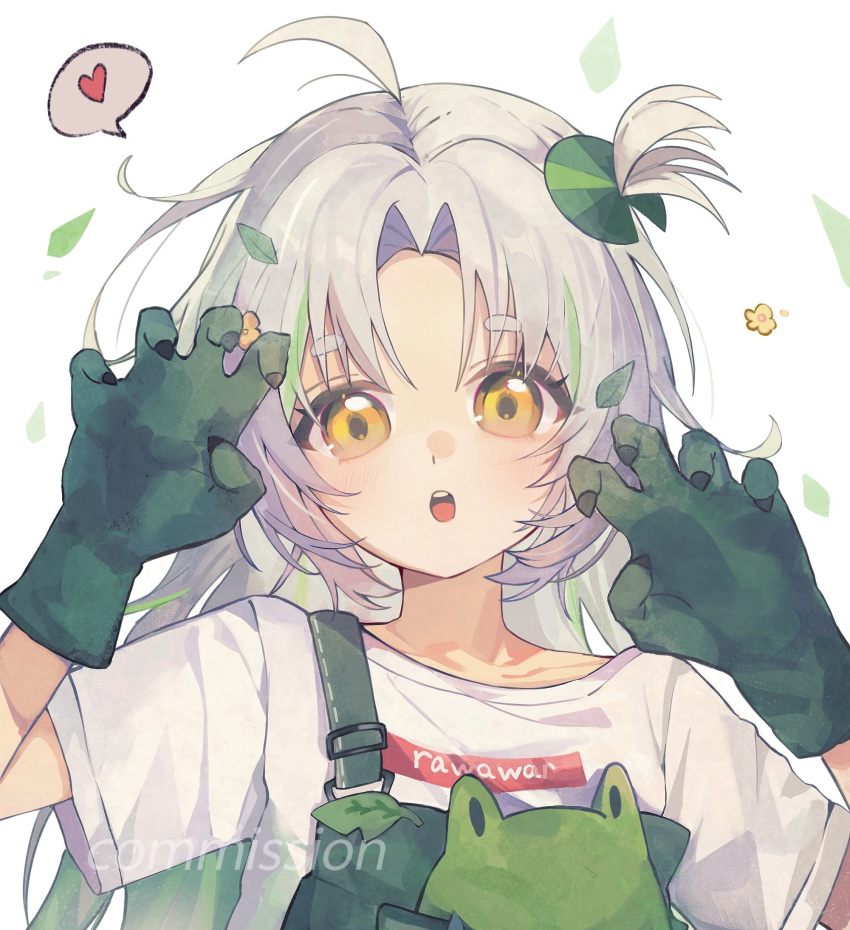 1girl, ahoge, claw_pose, clothes_writing, commentary, commission, crocodilian_gloves, cupid_(cupidyle), fake_claws, gloves, green_gloves, green_overalls, green_streaks, grey_hair, heart, highres, indie_virtual_youtuber, leaf, lily_pad_hair_ornament, long_hair, looking_at_viewer, multicolored_hair, one_side_up, open_mouth, overalls, pinkpink939, shirt, short_eyebrows, short_sleeves, solo, spoken_heart, streaked_hair, teeth, thick_eyebrows, upper_body, upper_teeth_only, watermark, white_background, white_shirt, yellow_eyes