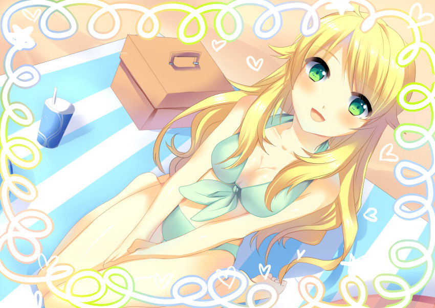 bikini, blonde_hair, blush, box, breasts, cleavage, front-tie_top, green_eyes