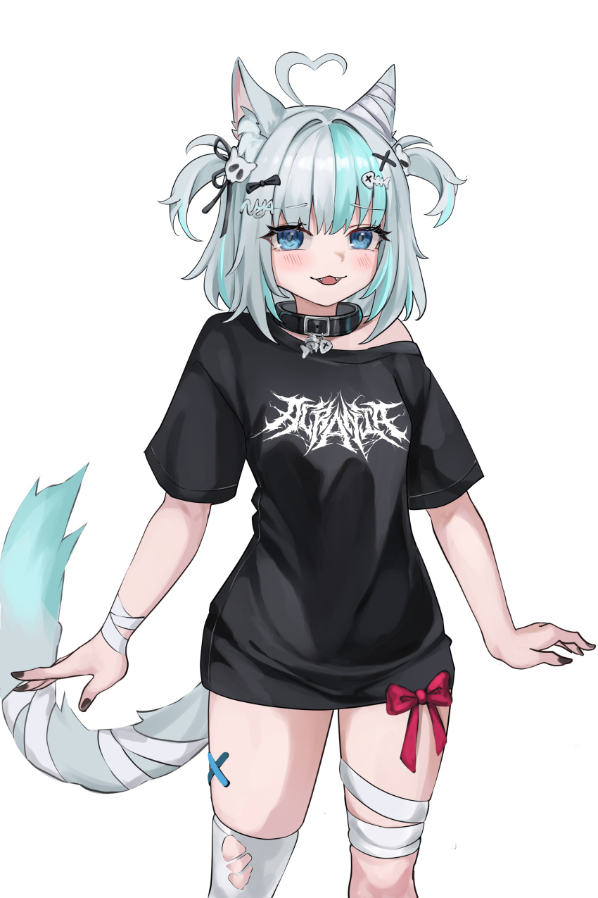 1girl, absurdres, acrania_(band), ahoge, animal_ears, bandages, black_shirt, blue_eyes