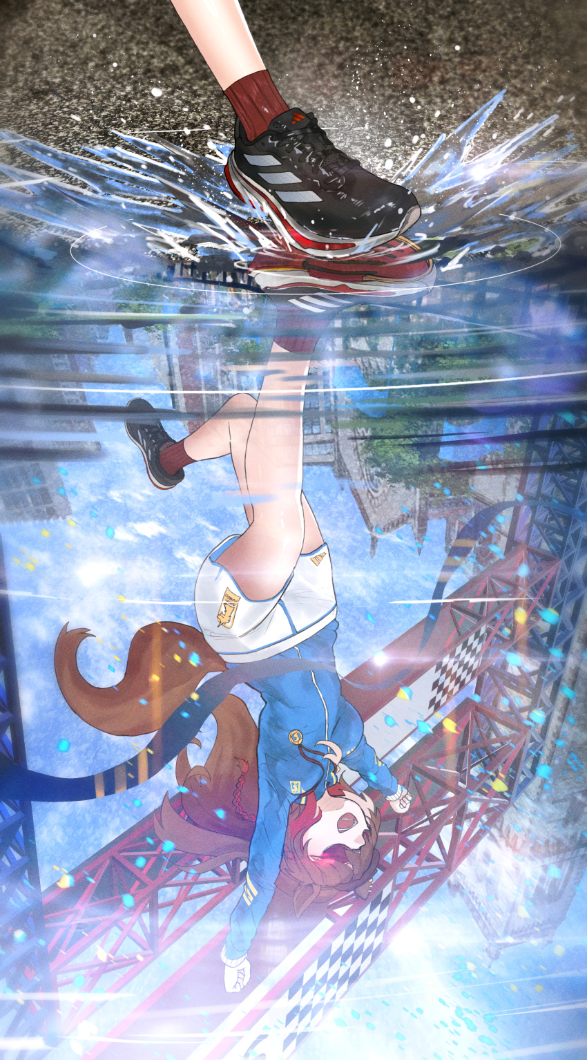 1girl, absurdres, adidas, advarcher, alternate_costume, animal_ears, arms_up, blue_jacket