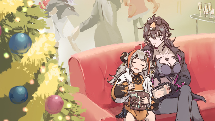 2girls, black_gloves, black_jacket, black_tube_top, brown_hair, champagne_flute, christmas_ornaments, christmas_tree, couch, cup, deren_(path_to_nowhere), disguise, drinking_glass, gloves, grey_eyes, groucho_glasses, highres, holding, holding_ice_cream_bucket, holding_phone, jacket, ksya3, ksya3hm, multicolored_hair, multiple_girls, orange_shirt, orange_streaks, owo_(path_to_nowhere), path_to_nowhere, phone, shirt, sleeping, strapless, streaked_hair, taking_picture, tube_top