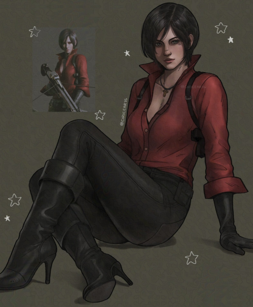 1girl, ada_wong, black_gloves, black_hair, black_pants, boots, chest_holster, ciricearts