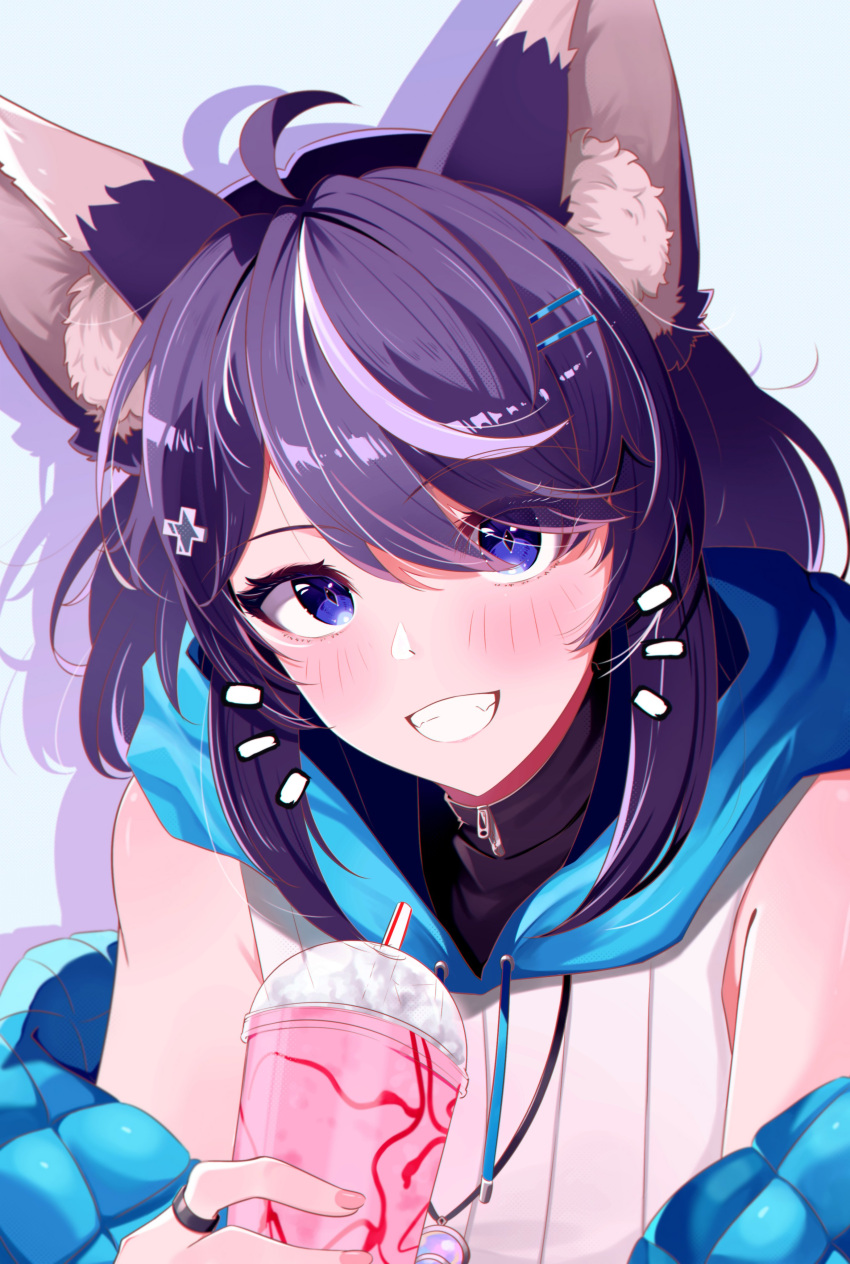 1girl, :d, absurdres, animal_ear_fluff, animal_ears, bare_shoulders, black_hair, blue_eyes