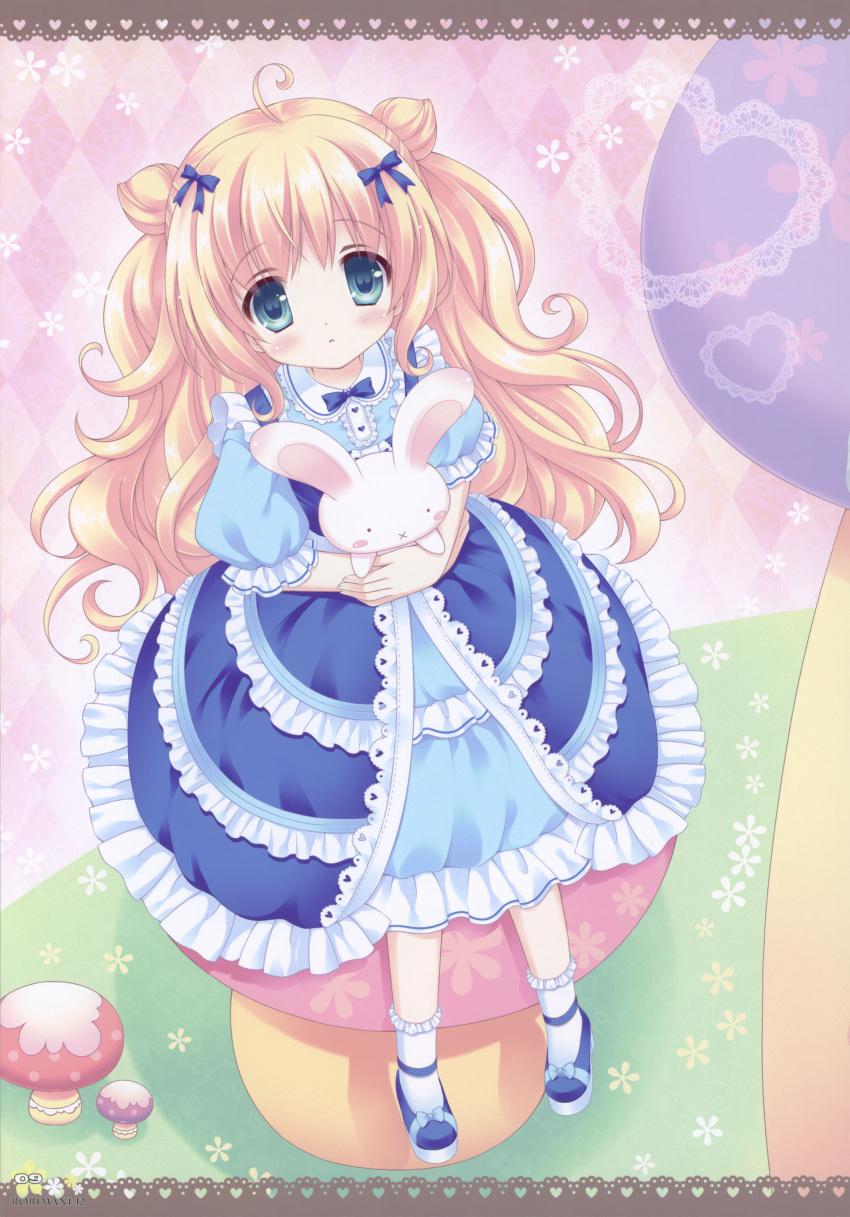 blonde_hair, blue_eyes, blush, bunny, dress, footwear, frills, hair_ribbon, highres, lolita_fashion, long_hair, looking_up, mushroom, original, rabbit, ribbon, sitting, socks, solo, tsukishima_yuuko, very_long_hair