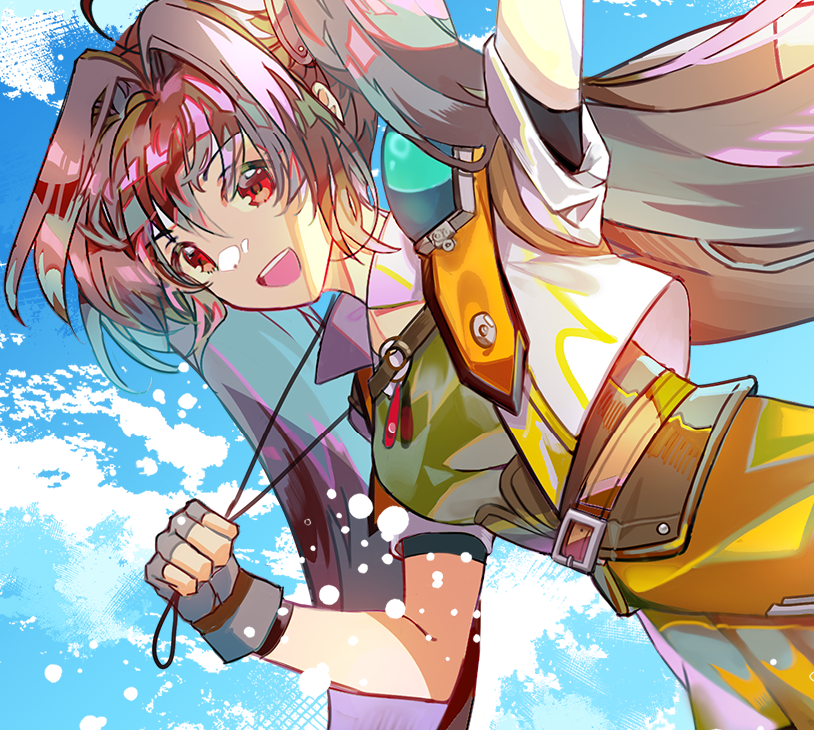 1girl, :d, ahoge, blue_sky, brown_hair, carrot_gaimee, close-up, clouds