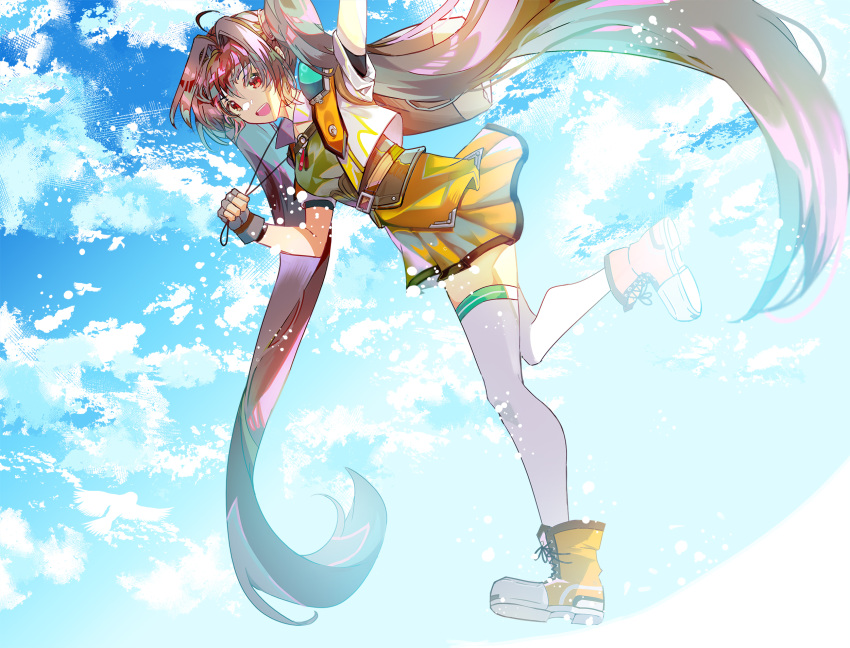1girl, :d, ahoge, armor, blue_sky, brown_hair, carrot_gaimee, clothes_lift