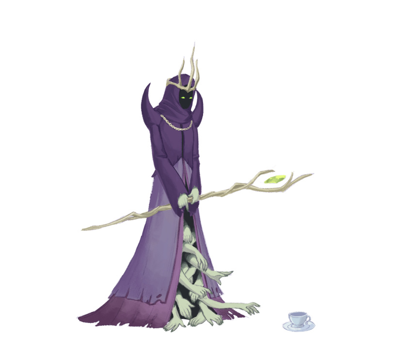 1girl, cloak, commentary, crown, cup, english_commentary, extra_hands, glowing, glowing_eyes, green_eyes, highres, holding, holding_staff, hood, hooded_cloak, kassyndora, queen_(slay_the_spire), saucer, simple_background, slay_the_spire, slay_the_spire_2, solo, staff, teacup, white_background