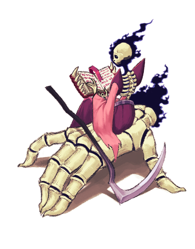 1girl, book, commentary, english_commentary, holding, holding_book, kassyndora, open_book, osty_(slay_the_spire), scroll_of_biting, scythe, sitting, skeleton, skirt, slay_the_spire, slay_the_spire_2, solo, the_necrobinder_(slay_the_spire)