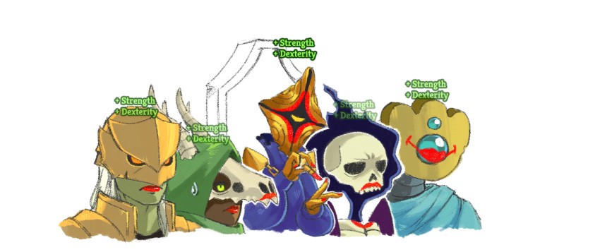 1boy, 2girls, 2others, animal_skull, cape, colored_skin, commentary, cosmetics