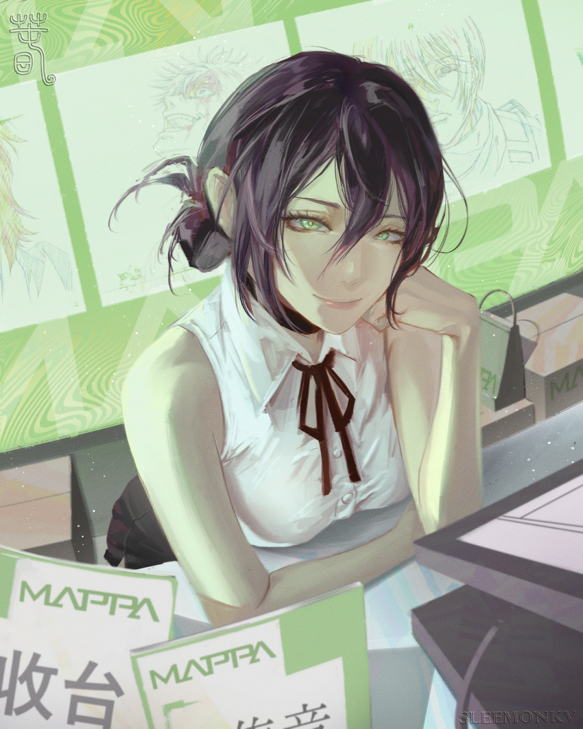 1girl, absurdres, black_choker, black_ribbon, breasts, chainsaw_man, choker, closed_mouth