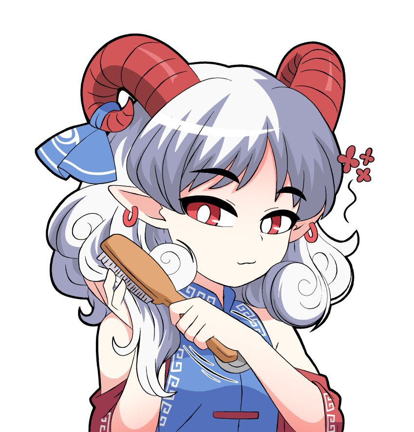 1girl, :3, absurdres, blue_ribbon, blue_shirt, bright_pupils, brushing_hair, brushing_own_hair
