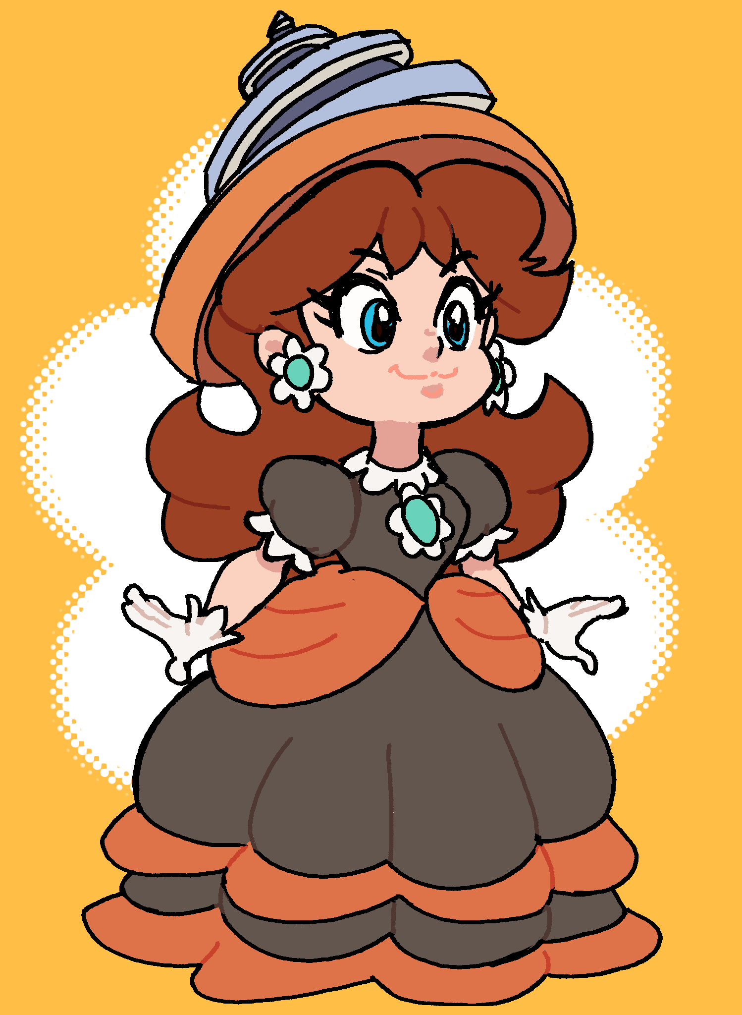 1girl, black_dress, blue_eyes, brown_hair, dress, drill_daisy, earrings, flower_earrings