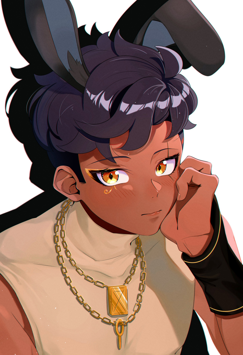 1boy, absurdres, animal_ears, black_hair, chain, chain_necklace, dark-skinned_male, dark_skin, fake_animal_ears, gold_chain, hand_on_own_cheek, hand_on_own_face, highres, jewelry, male_focus, necklace, neobaka, passarinho122, rabbit_ears, raviel_karim, raviel_karim_(bunny), shirt, short_hair, sleeveless, yellow_eyes, yellow_shirt