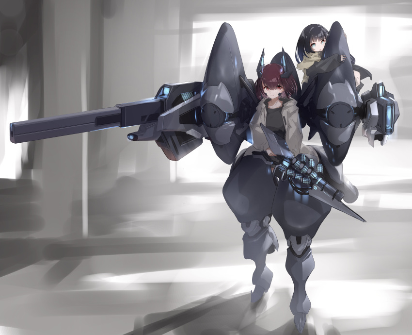 2girls, absurdres, black_hair, brown_hair, collarbone, dolls_nest, full_body, gun, hati_(dolls_nest), headgear, highres, holding, holding_gun, holding_weapon, hood, hooded_jacket, jacket, long_hair, looking_at_viewer, mecha_musume, multiple_girls, red_eyes, satsukitou, short_hair, weapon, yoyo_(dolls_nest)
