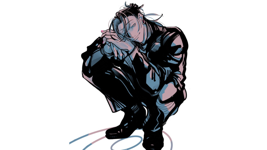 1boy, black_hair, black_jacket, black_pants, closed_mouth, commentary, ear_piercing, full_body