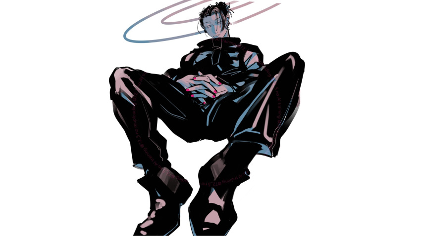 1boy, black_hair, black_jacket, black_pants, blue_eyes, commentary, ear_piercing, full_body