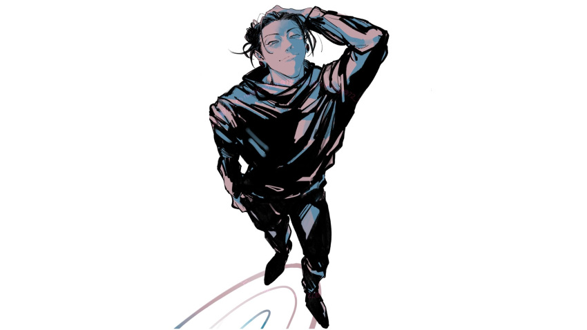 1boy, arm_up, black_hair, black_jacket, black_pants, closed_mouth, commentary, ear_piercing