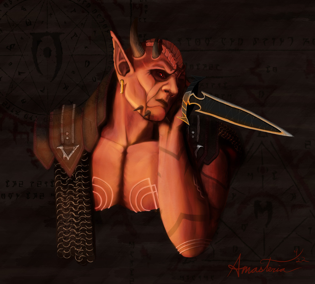 1boy, amasteria, armor, artist_name, bald, brown_background, chainmail, chest_tattoo