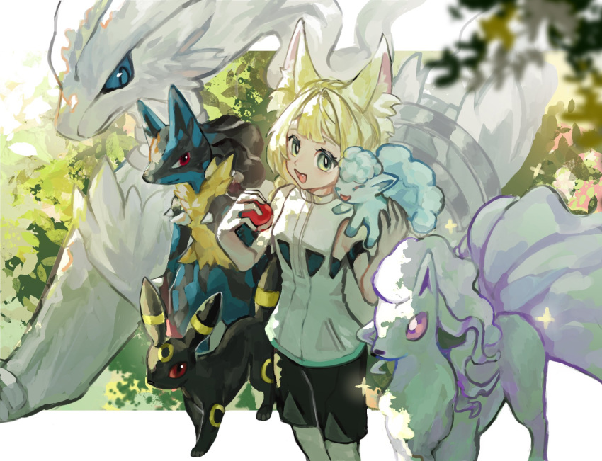 :d, alolan_ninetales, alolan_vulpix, alternate_color, animal_ears, bare_shoulders, black_fur, black_shorts, blonde_hair, blue_eyes, blue_fur, body_fur, border, commentary, english_commentary, extra_tails, fox, fox_ears, grass, green_eyes, highres, holding, holding_poke_ball, iamsphenodon, jacket, looking_at_viewer, lucario, mega_lucario, multicolored_fur, outdoors, pink_eyes, poke_ball, pokemon, pokemon_(creature), pokemon_team, purple_fur, red_eyes, reshiram, shiny_pokemon, shorts, simple_background, sleeveless, smile, snout, spikes, standing, umbreon, upper_body, white_border, white_fur, white_jacket, yellow_fur