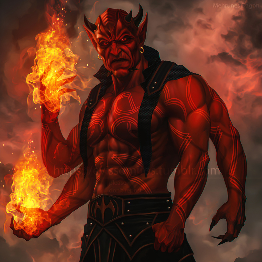 1boy, abs, arm_tattoo, armor, black_armor, black_nails, black_skirt, character_name
