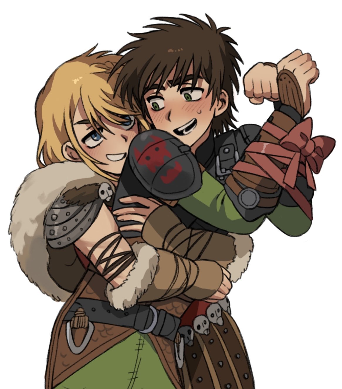 1boy, 1girl, armor, astrid_hofferson, blonde_hair, blue_eyes, blush, bound, bound_wrists, brown_hair, commentary_request, didi1749897, green_eyes, green_shirt, grin, hair_ribbon, hiccup_horrendous_haddock_iii, highres, how_to_train_your_dragon_(series), how_to_train_your_dragon_2, hug, hug_from_behind, korean_commentary, open_mouth, pauldrons, red_shirt, ribbon, shirt, shoulder_armor, simple_background, sleeveless, sleeveless_shirt, smile, teeth, white_background