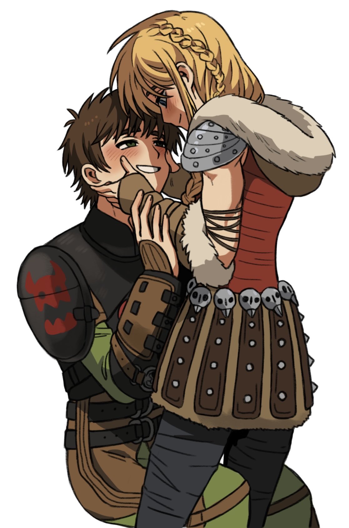 1boy, 1girl, armor, astrid_hofferson, black_pants, blonde_hair, blue_eyes, blush