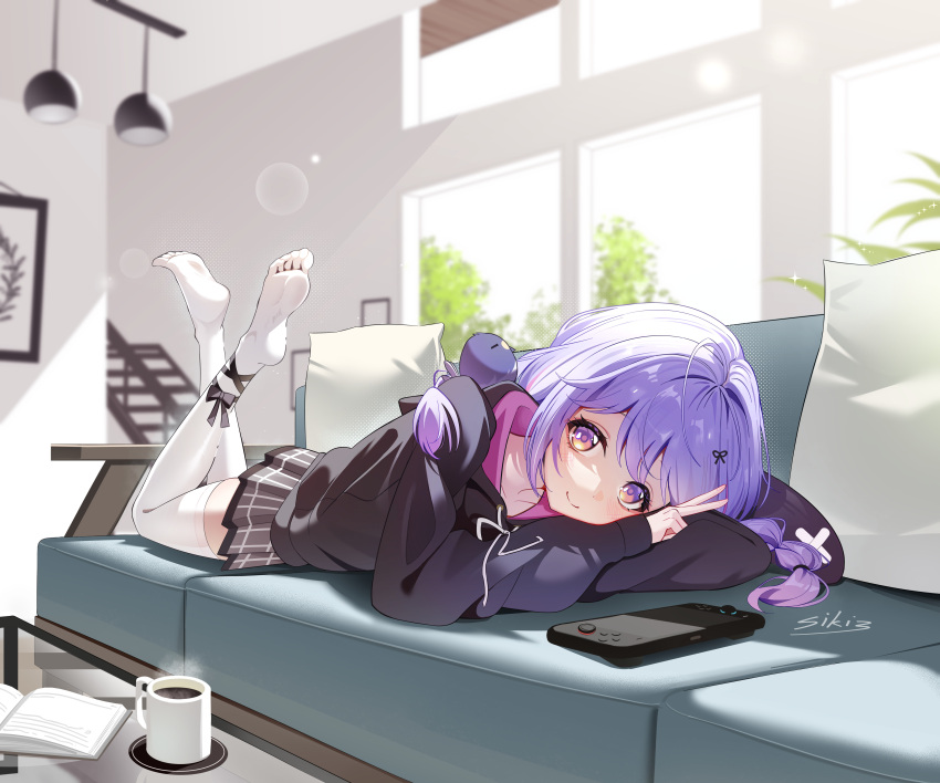 1girl, absurdres, bird, black_hoodie, black_skirt, book, braid, closed_mouth