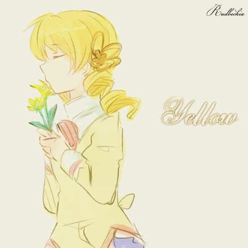 blonde_hair, closed_eyes, drill_hair, eyes_closed, flower, lowres, mahou_shoujo_madoka_magica, mizuki_(flowerlanguage), rudbeckia, school_uniform, solo, tomoe_mami, twin_drills, yellow