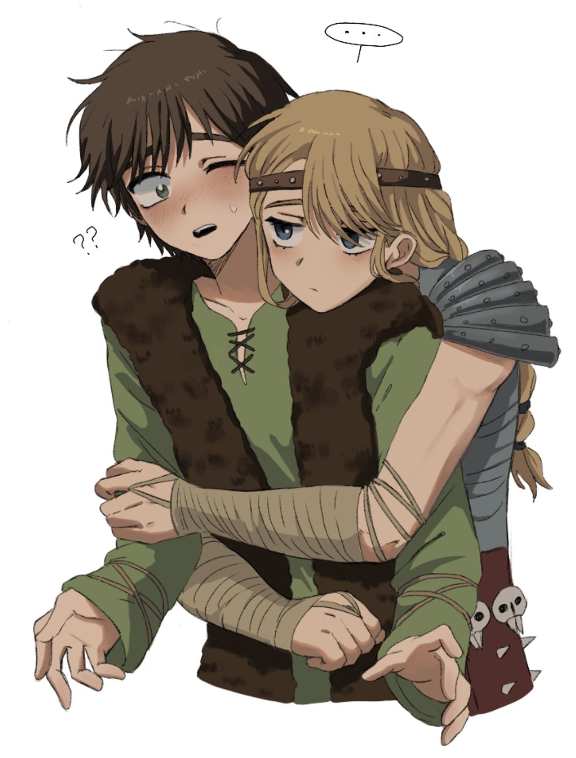 ..., 1boy, 1girl, armor, astrid_hofferson, blonde_hair, blue_eyes, brown_hair