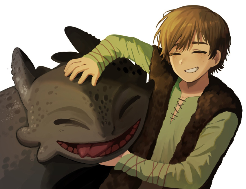 1boy, black_scales, brown_vest, closed_eyes, commentary_request, didi1749897, dragon, fur_vest