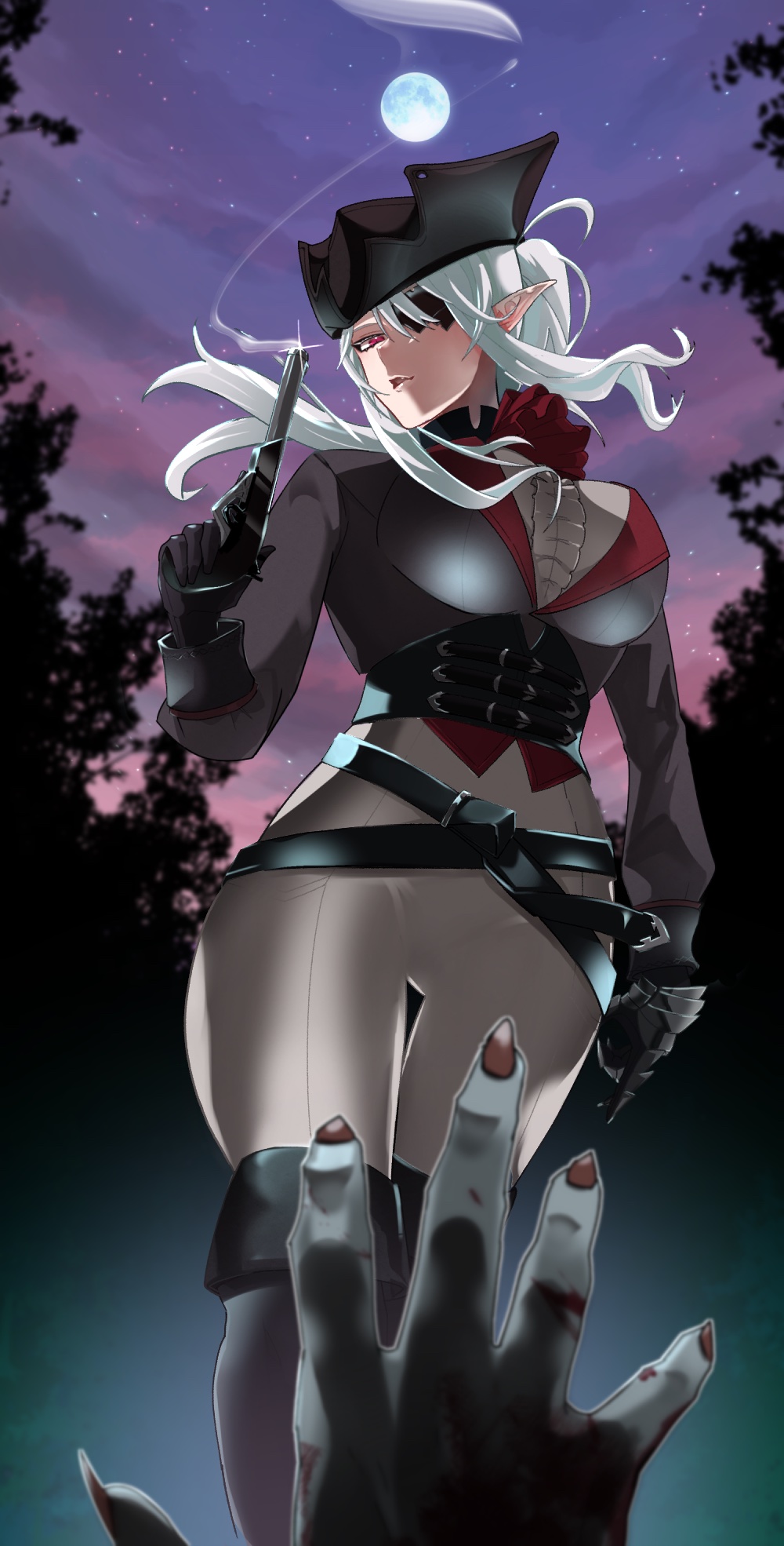 1girl, 1other, belt, black_gauntlets, breasts, clawed_gauntlets, eyepatch, forest