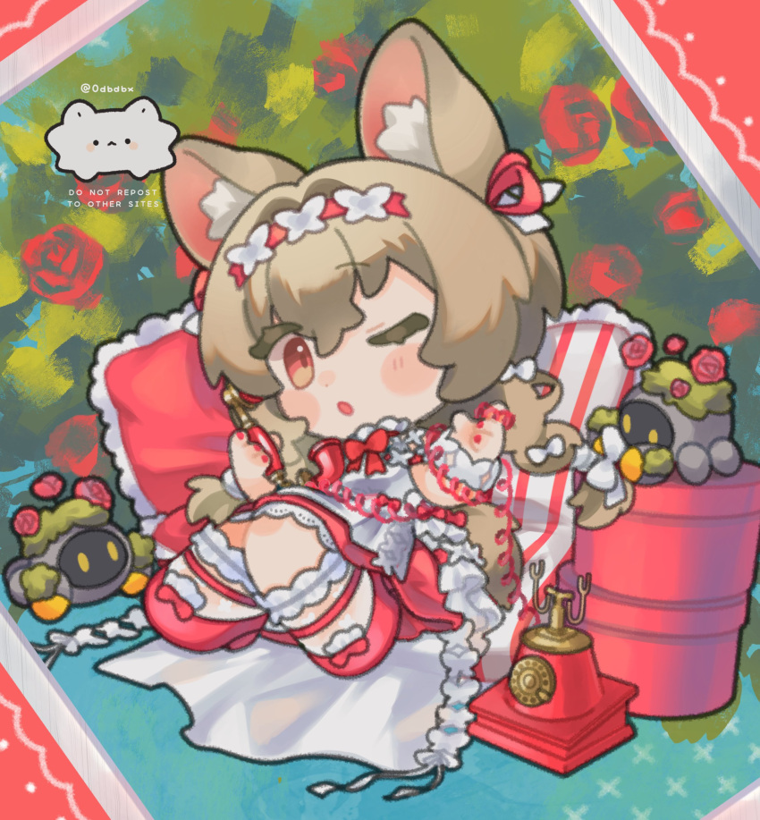 1girl, :o, absurdres, animal_ear_fluff, animal_ears, antique_phone, apron, arknights