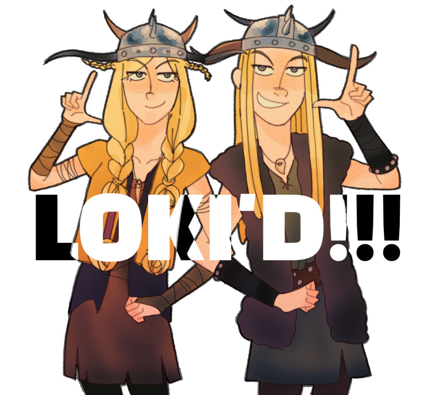 1boy, 1girl, blonde_hair, english_text, fake_horns, grey_eyes, grin, helmet, highres, horned_helmet, horns, how_to_train_your_dragon_(series), httyd_kk67, l_hand, long_hair, looking_at_viewer, ruffnut_thorston, siblings, simple_background, smile, tuffnut_thorston, twins, white_background