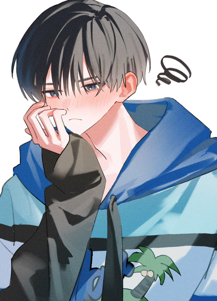 1boy, black_hair, black_sleeves, blue_eyes, blue_hoodie, blush, closed_mouth, commentary