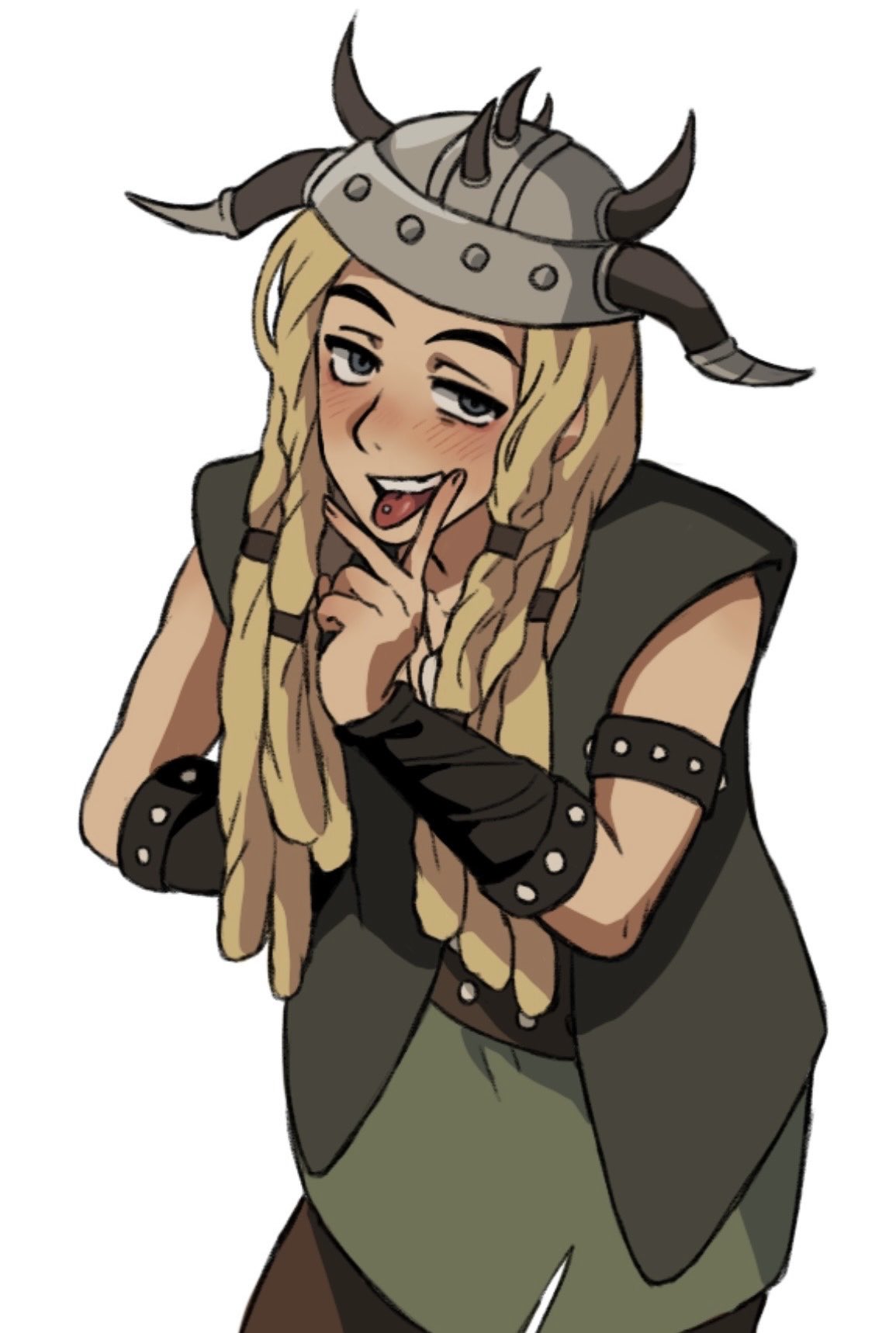 1girl, black_vest, blonde_hair, commentary_request, didi1749897, fake_horns, green_eyes, green_shirt