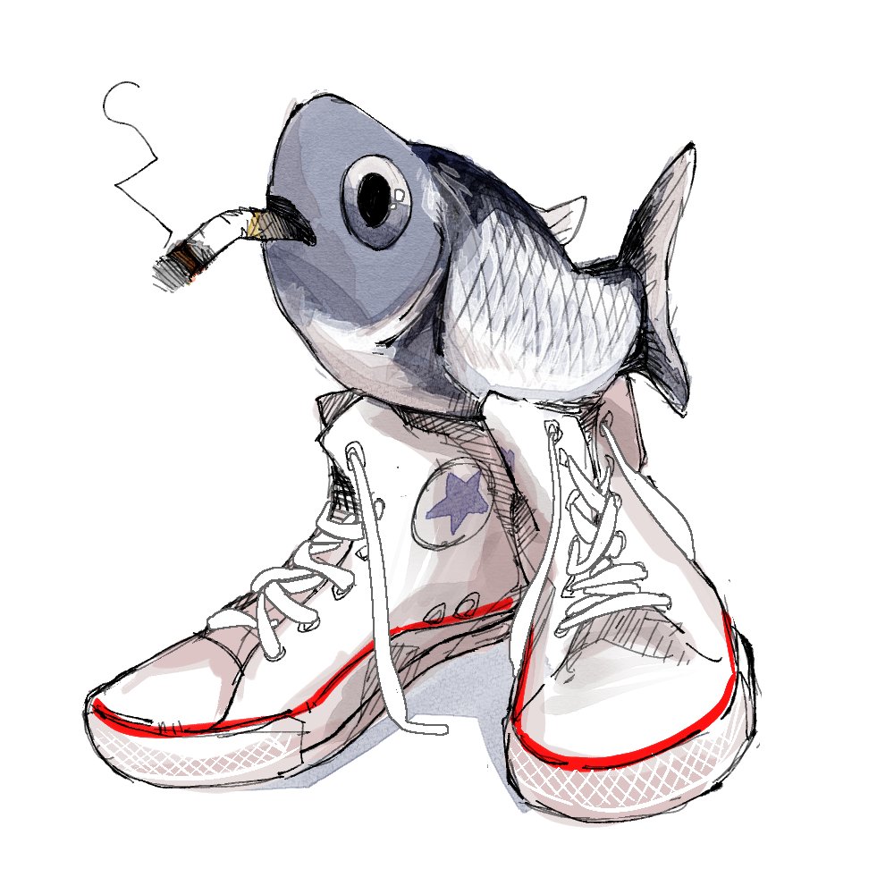 animal_focus, cigarette, english_commentary, fih_(meme), fish, fish_request, full_body, if_the_shoe_fish_(meme), meme, no_humans, original, pr_quote, shoes, simple_background, sneakers, solo, untied_shoelaces, white_background, white_shoes