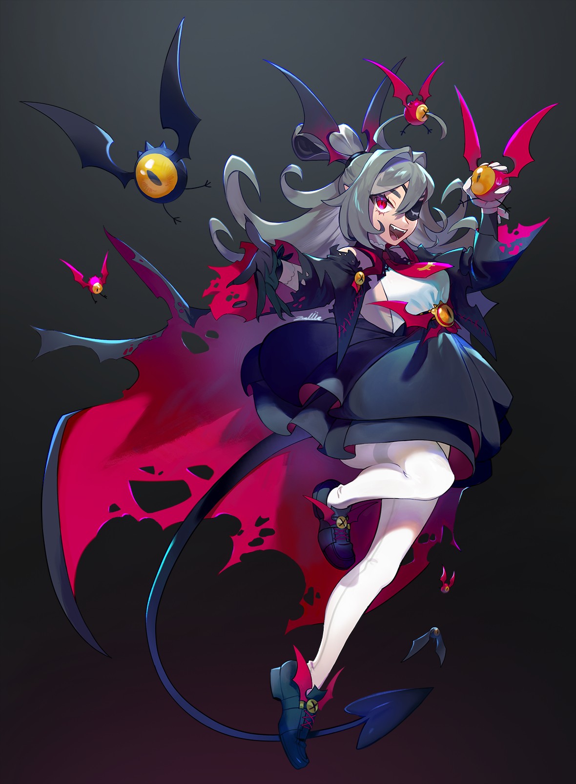 1girl, ahoge, bat_(animal), black_gloves, black_shoes, black_skirt, breasts, cape, commentary, demon_tail, eyepatch, fangs, general_geega, general_geega_(underworld_casual), gloves, grey_background, grey_hair, hair_between_eyes, highres, long_hair, looking_at_viewer, necktie, one-eyed, open_mouth, pantyhose, pointy_ears, red_eyes, red_necktie, shirt, shoes, sideboob, skirt, sleeveless, sleeveless_shirt, smile, tail, virtual_youtuber, vshojo, white_gloves, white_pantyhose, white_shirt, zambiie
