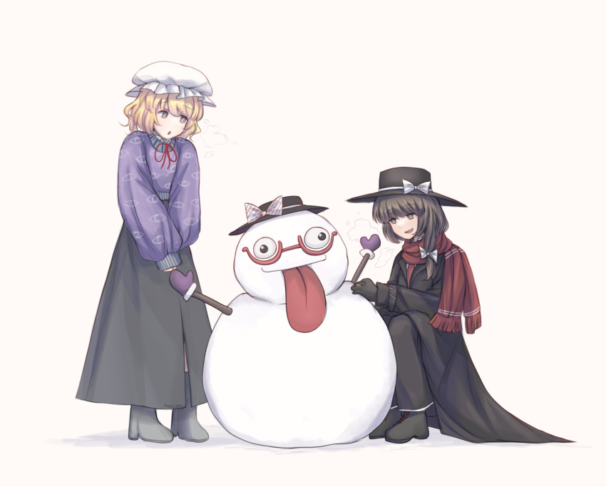 2girls, :o, alternate_costume, black_boots, black_coat, black_gloves, black_hat, black_pants