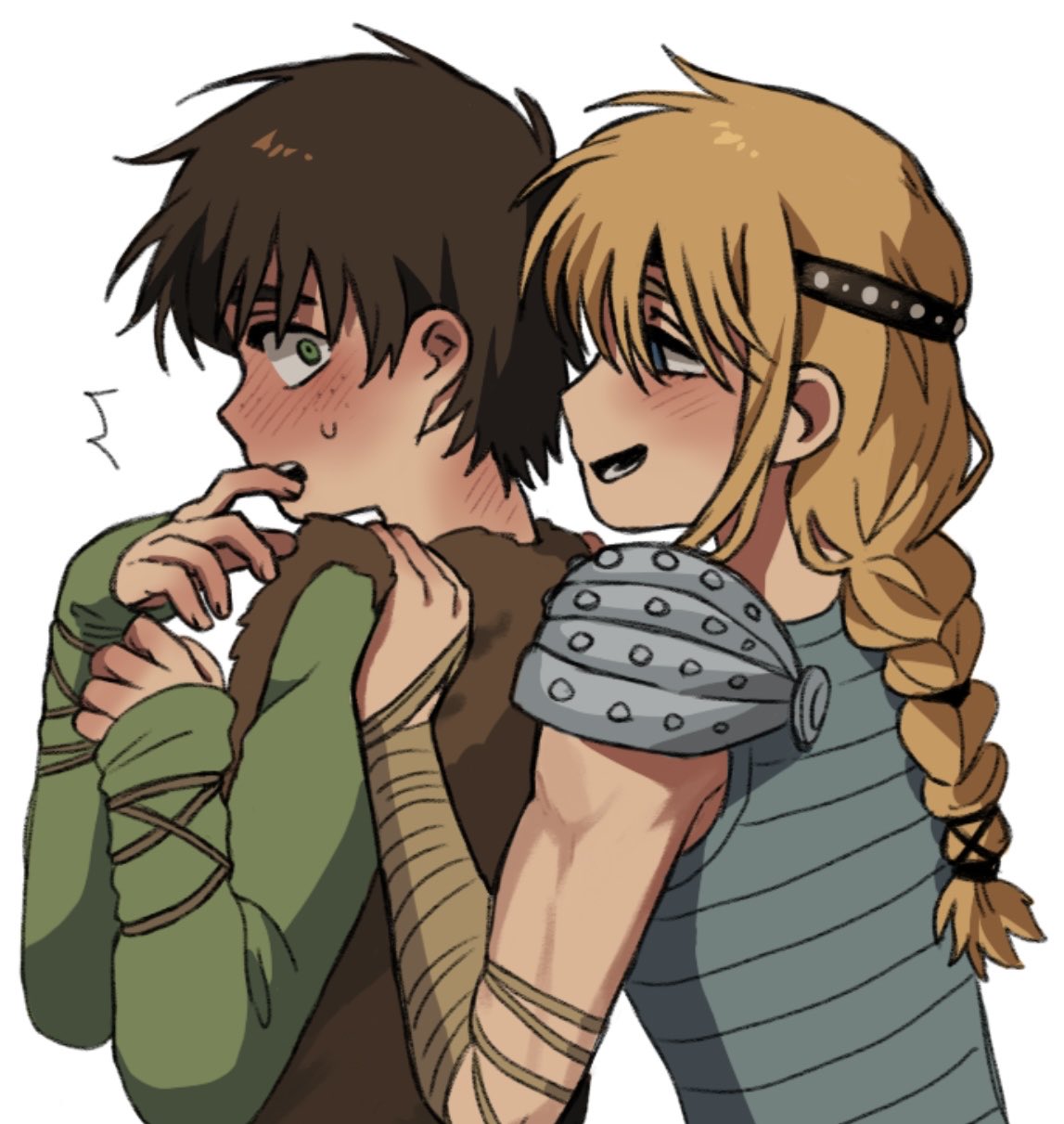 1boy, 1girl, armor, astrid_hofferson, blonde_hair, blue_eyes, blush, brown_hair