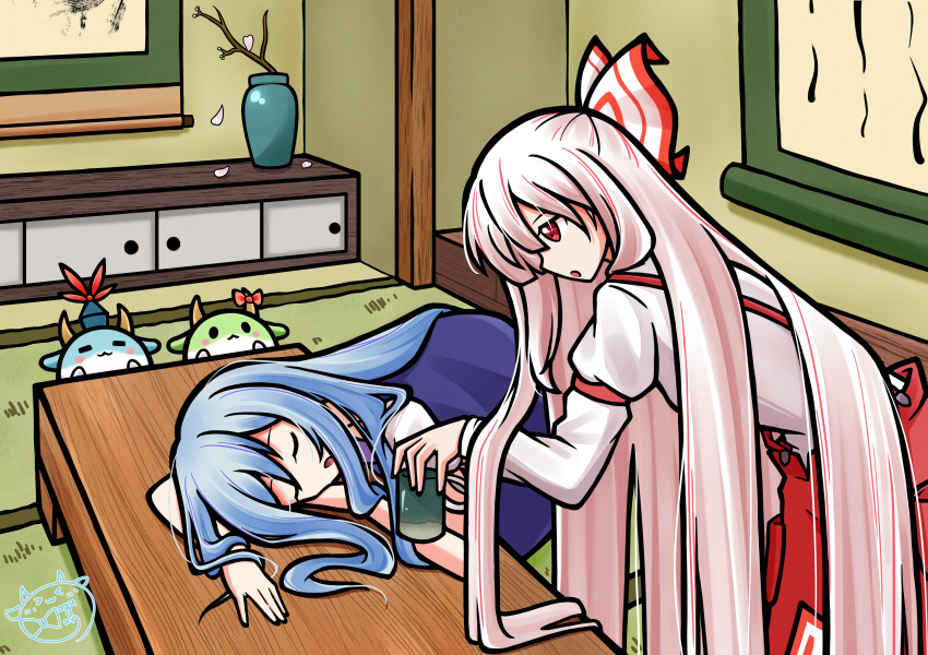 absurdres, fujiwara_no_mokou, highres, imperishable_night, kamishirasawa_keine, moguman, sukusuku_hakutaku, to-hou_eiyasyou