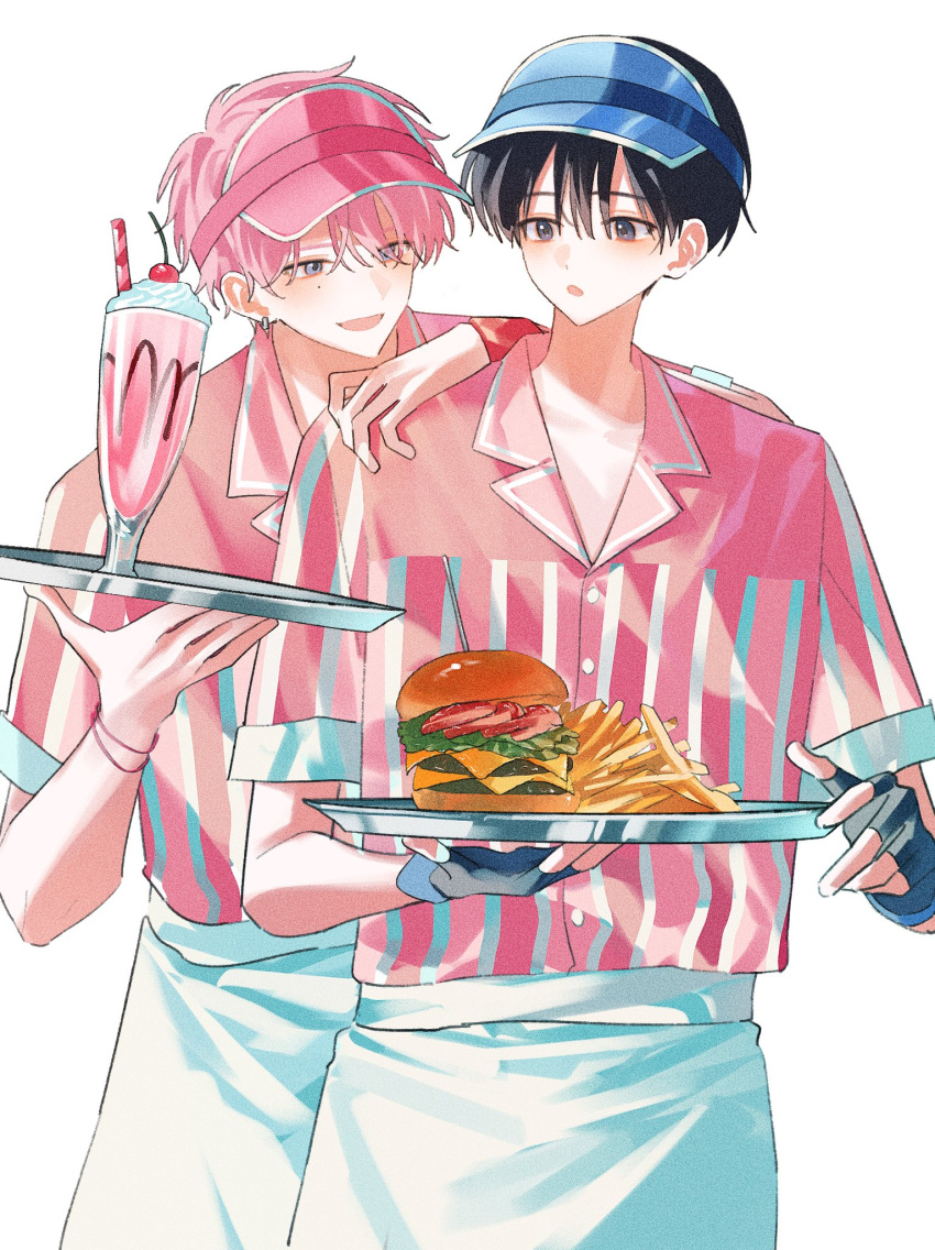 2boys, :d, :o, apron, arm_on_another's_shoulder, behind_another, black_hair, blue_eyes