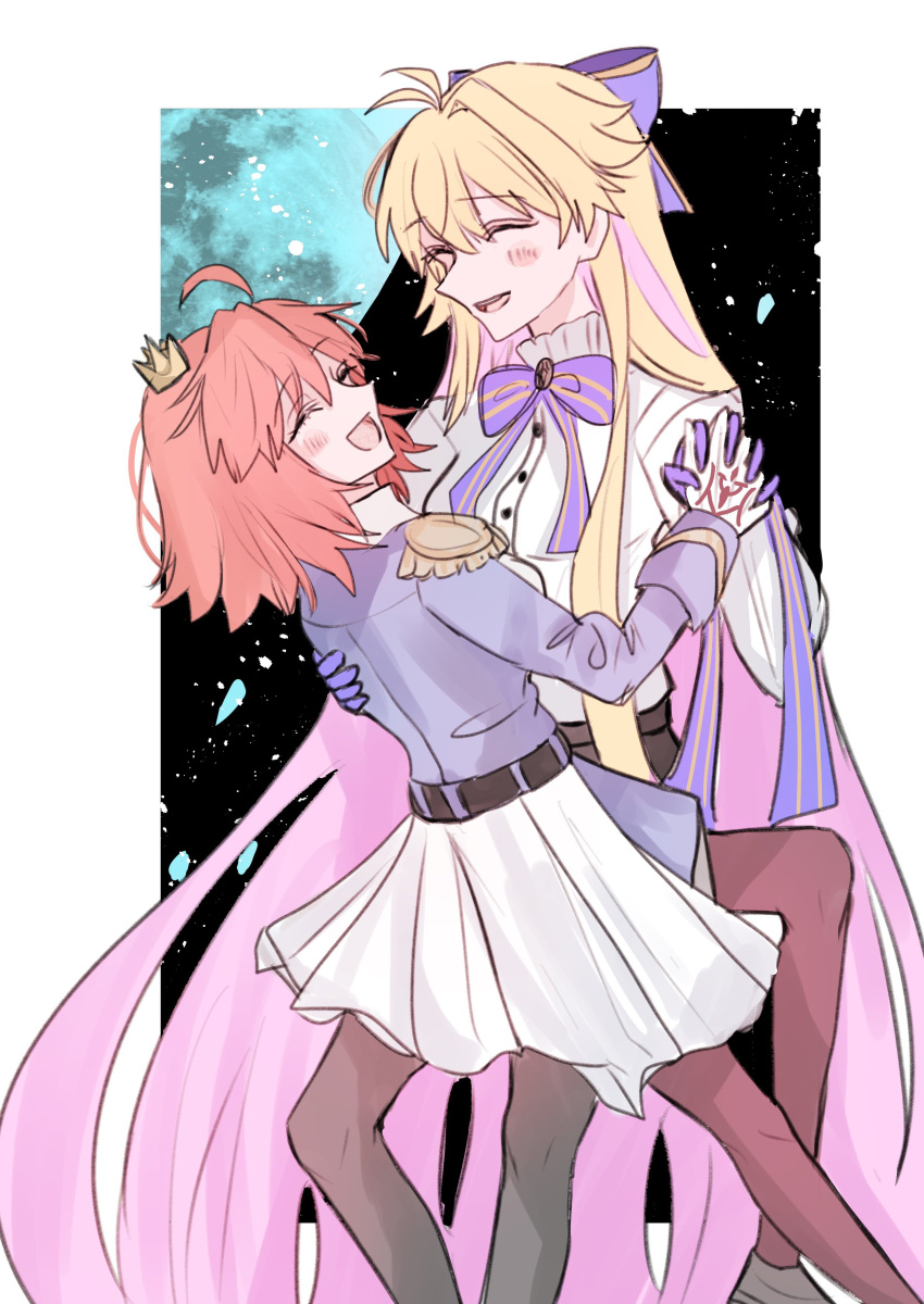 2girls, absurdres, ahoge, aiguillette, archetype_earth, archetype_earth_(celebratory_attire), archetype_earth_(third_ascension), arcueid_brunestud