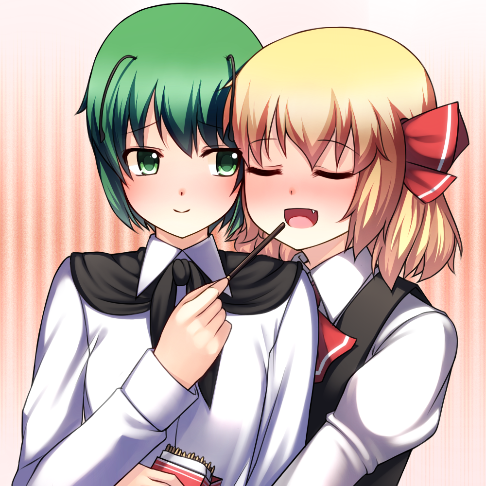 antennae, ascot, blonde_hair, bust, closed_eyes, dress_shirt, eyes_closed, fang