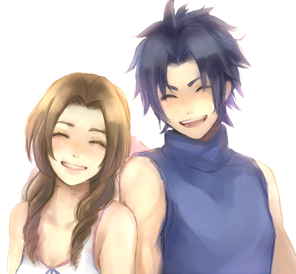 1girl, aerith_gainsborough, black_hair, brown_hair, closed_eyes, couple, crisis_core_final_fantasy_vii, eyes_closed